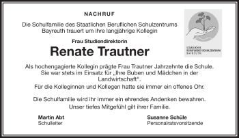 Anzeige von Renate Trautner von Nordbayerischer Kurier