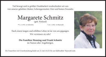 Anzeige von Margarete Schmitz von Nordbayerischer Kurier