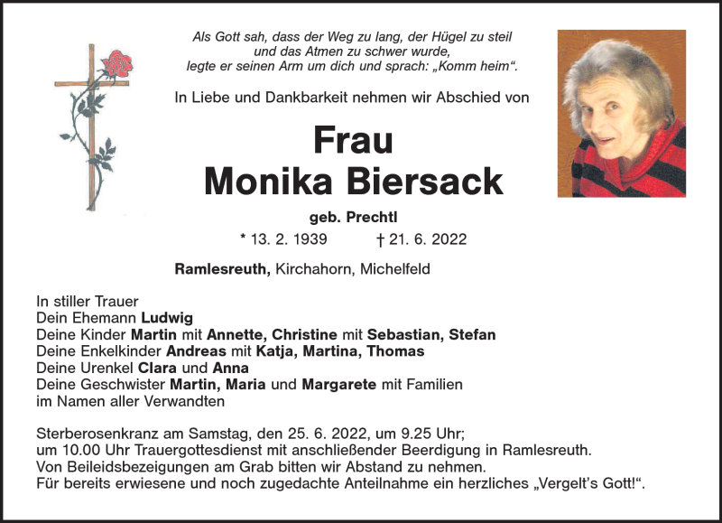  Traueranzeige für Monika Biersack vom 23.06.2022 aus Nordbayerischer Kurier