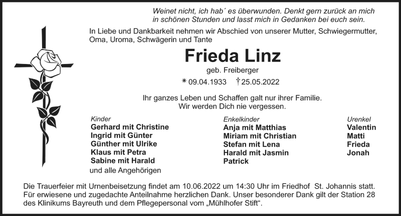  Traueranzeige für Frieda Linz vom 04.06.2022 aus Nordbayerischer Kurier