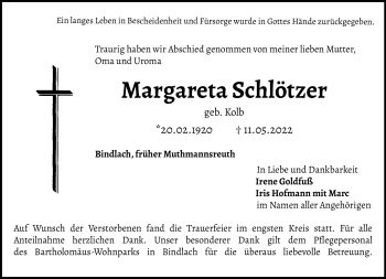 Anzeige von Margareta Schlötzer von Nordbayerischer Kurier