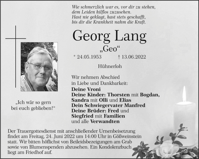  Traueranzeige für Georg Lang vom 21.06.2022 aus Nordbayerischer Kurier