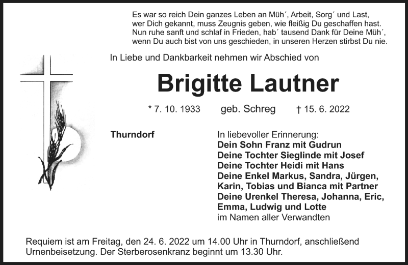  Traueranzeige für Brigitte Lautner vom 18.06.2022 aus Nordbayerischer Kurier