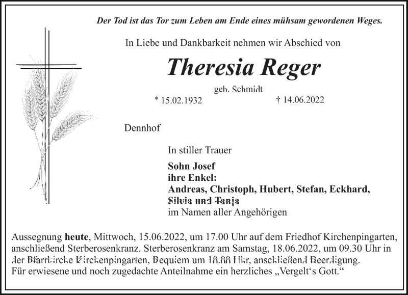  Traueranzeige für Theresia Reger vom 15.06.2022 aus Nordbayerischer Kurier