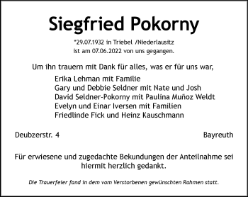 Anzeige von Siegfried Pokorny von Nordbayerischer Kurier