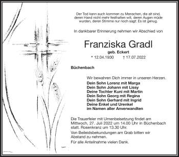 Anzeige von Franziska Gradl von Nordbayerischer Kurier
