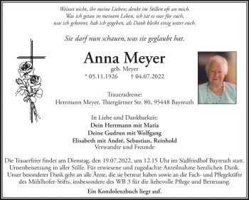 Anzeige von Anna Meyer von Nordbayerischer Kurier