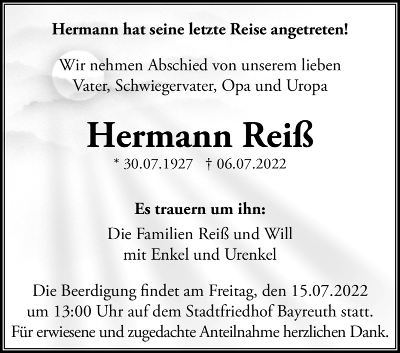  Traueranzeige für Hermann Reiß vom 14.07.2022 aus Nordbayerischer Kurier