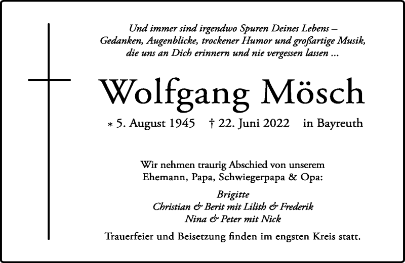  Traueranzeige für Wolfgang Mösch vom 02.07.2022 aus Nordbayerischer Kurier