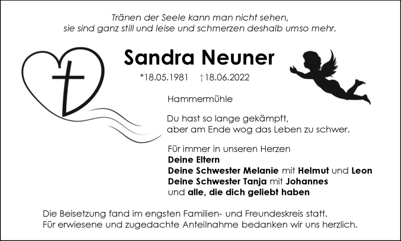  Traueranzeige für Sandra Neuner vom 16.07.2022 aus Nordbayerischer Kurier