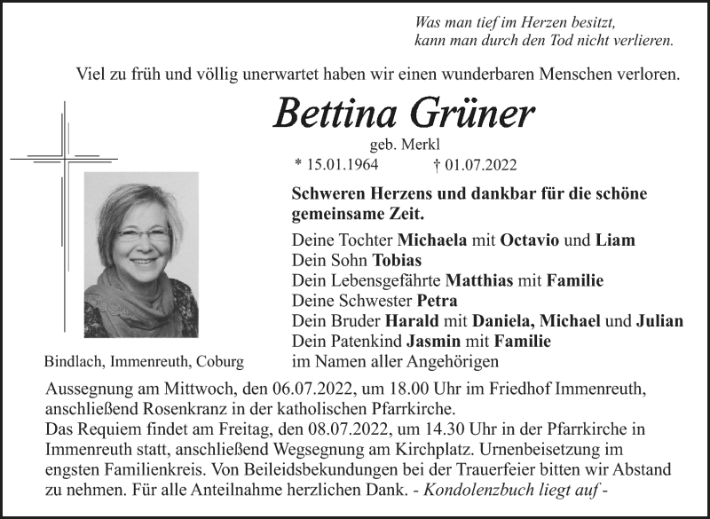 Traueranzeigen von Bettina Grüner | Nordbayerischer Kurier