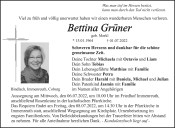 Anzeige von Bettina Grüner von Nordbayerischer Kurier