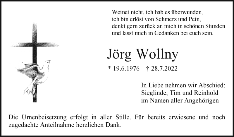 Traueranzeige für Jörg Wollny vom 30.07.2022 aus Nordbayerischer Kurier