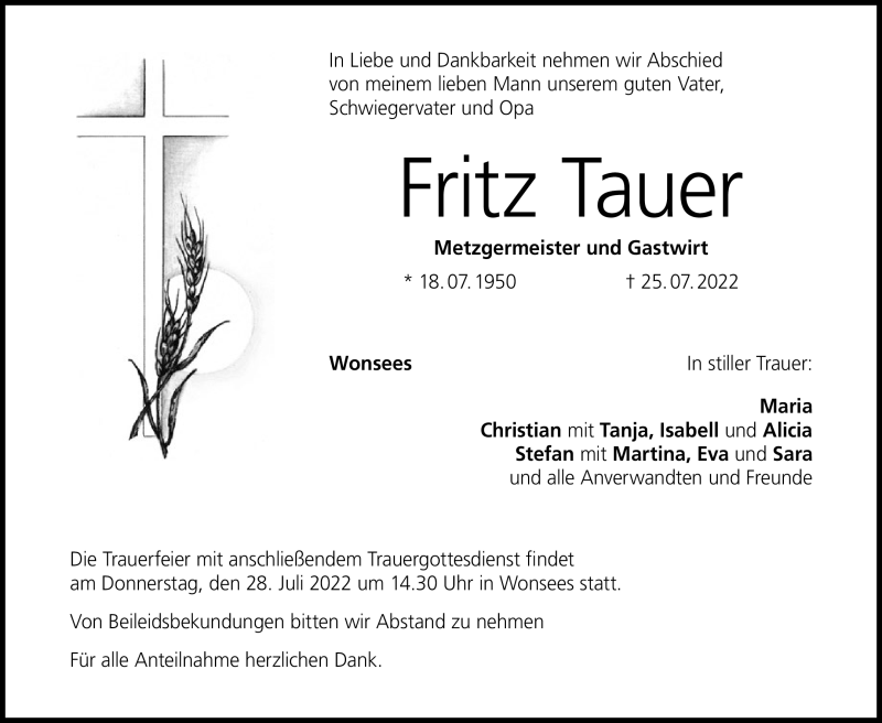  Traueranzeige für Fritz Tauer vom 26.07.2022 aus Nordbayerischer Kurier
