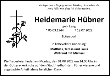 Anzeige von Heidemarie Hübner von Nordbayerischer Kurier