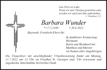 Anzeige von Barbara Wunder von Nordbayerischer Kurier