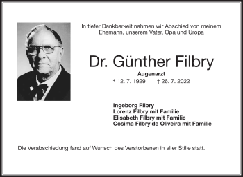 Anzeige von Günther Filbry von Nordbayerischer Kurier