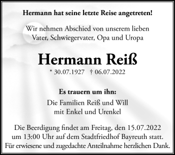 Anzeige von Hermann Reiß von Nordbayerischer Kurier