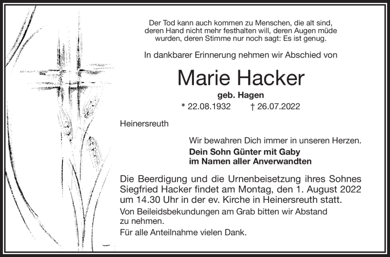  Traueranzeige für Marie Hacker vom 28.07.2022 aus Nordbayerischer Kurier
