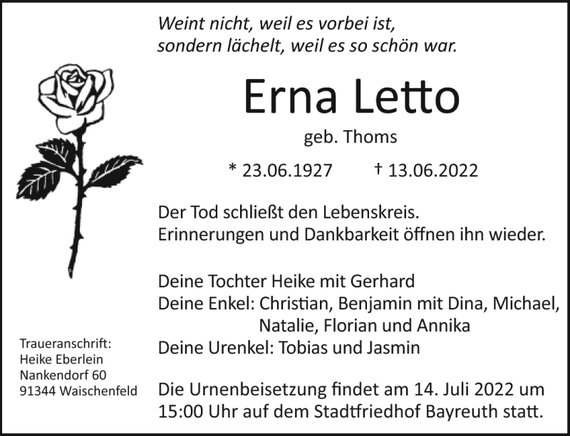  Traueranzeige für Erna Letto vom 02.07.2022 aus Nordbayerischer Kurier