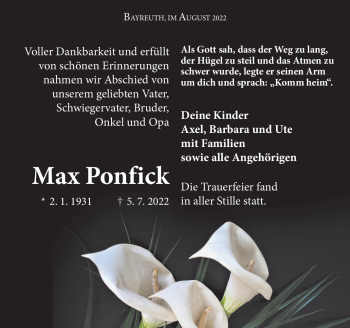 Anzeige von Max Ponfick von Nordbayerischer Kurier