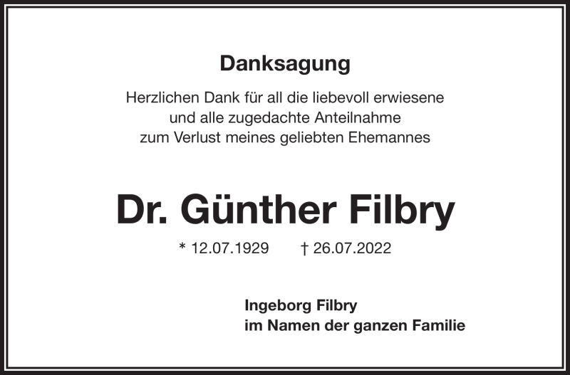  Traueranzeige für Günther Filbry vom 13.08.2022 aus Nordbayerischer Kurier