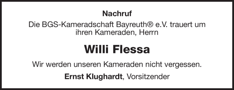  Traueranzeige für Willi Flessa vom 20.08.2022 aus Nordbayerischer Kurier