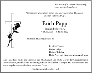 Anzeige von Erich Popp von Nordbayerischer Kurier