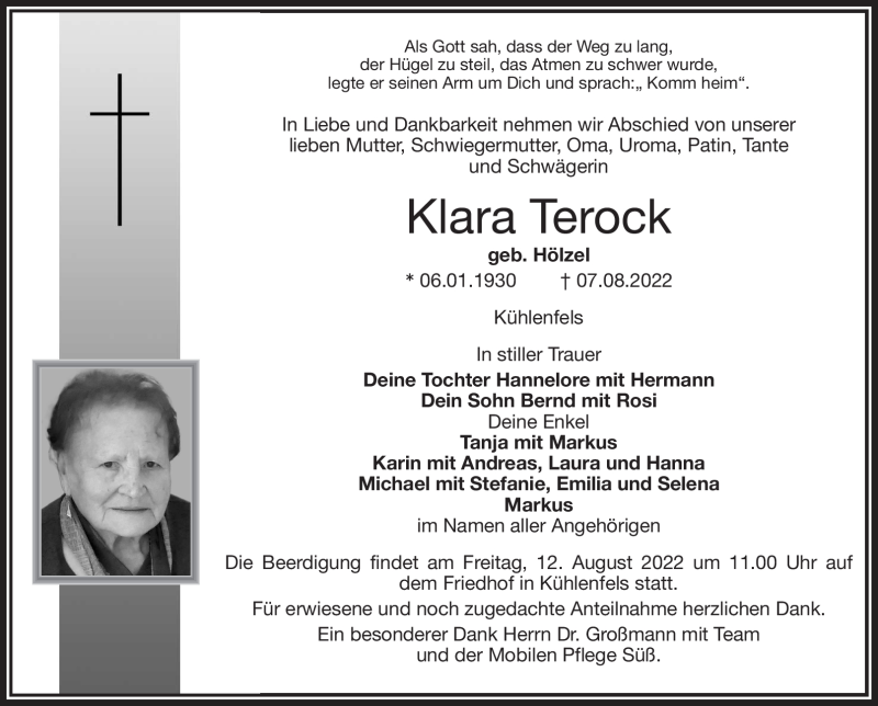  Traueranzeige für Klara Terock vom 10.08.2022 aus Nordbayerischer Kurier