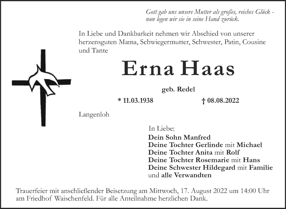  Traueranzeige für Erna Haas vom 13.08.2022 aus Nordbayerischer Kurier