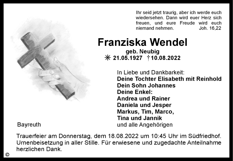  Traueranzeige für Franziska Wendel vom 16.08.2022 aus Nordbayerischer Kurier