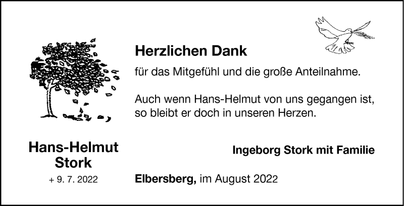  Traueranzeige für Hans-Helmut Stork vom 06.08.2022 aus Nordbayerischer Kurier