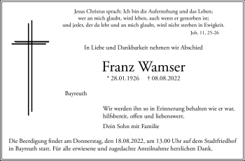 Anzeige von Franz Wamser von Nordbayerischer Kurier