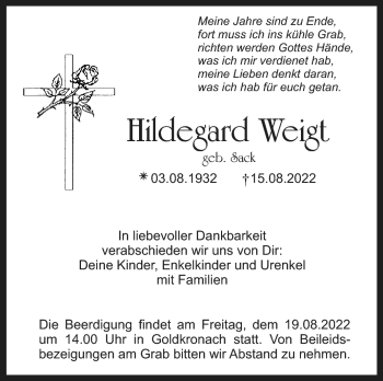 Anzeige von Hildegard Weigt von Nordbayerischer Kurier