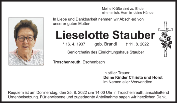 Anzeige von Lieselotte Stauber von Nordbayerischer Kurier