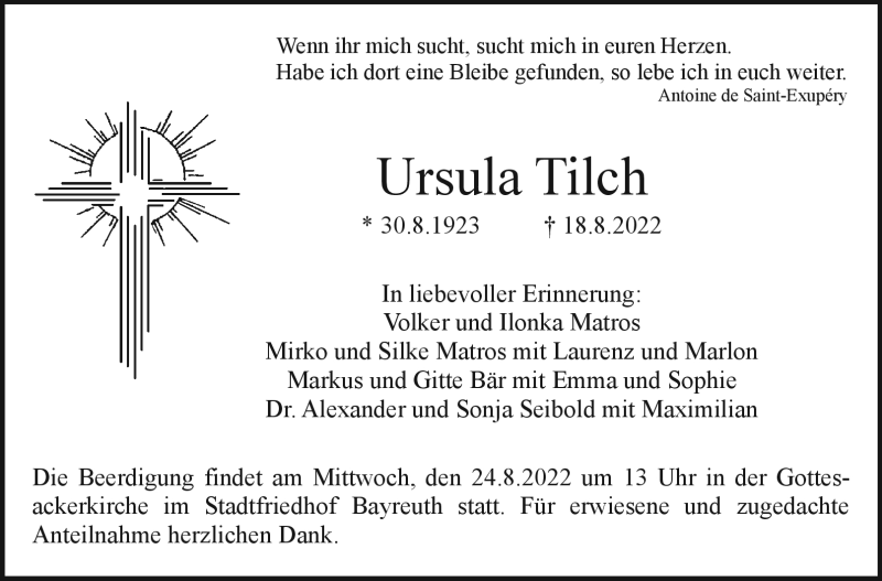 Traueranzeige für Ursula Tilch vom 22.08.2022 aus Nordbayerischer Kurier
