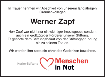 Anzeige von Werner Zapf von Nordbayerischer Kurier