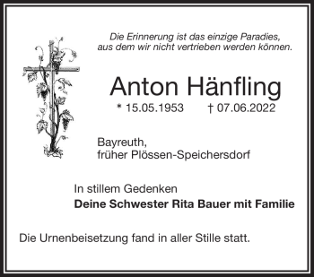 Anzeige von Anton Hänfling von Nordbayerischer Kurier