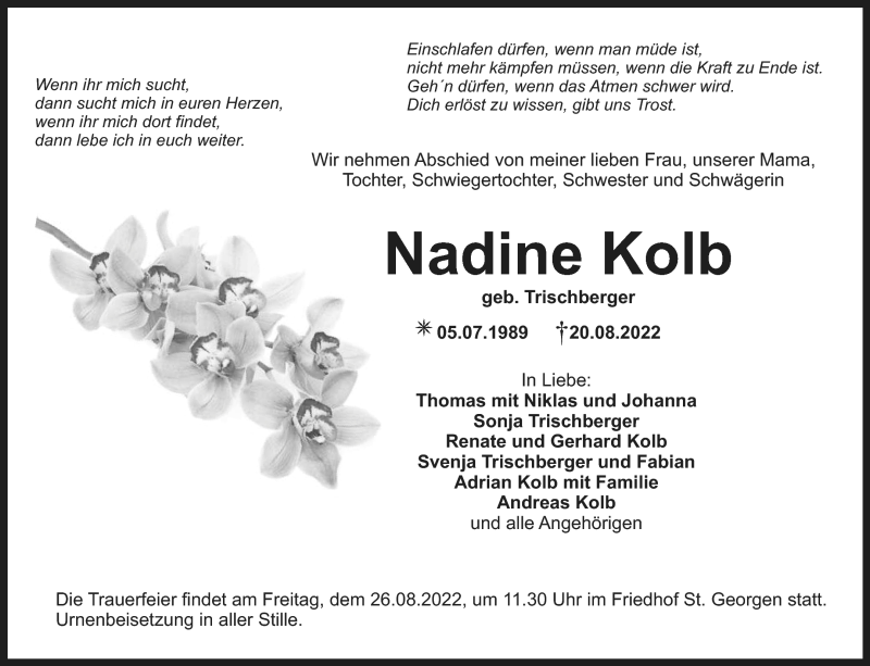  Traueranzeige für Nadine Kolb vom 23.08.2022 aus Nordbayerischer Kurier