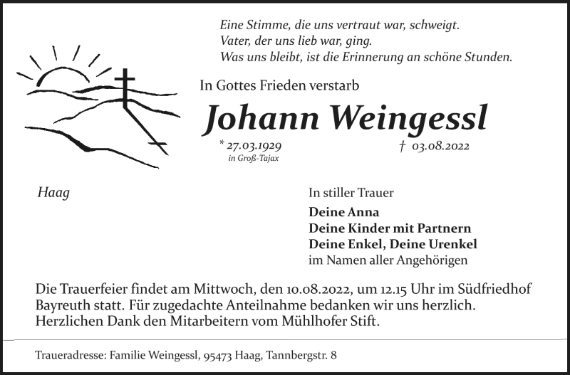  Traueranzeige für Johann Weingessl vom 06.08.2022 aus Nordbayerischer Kurier