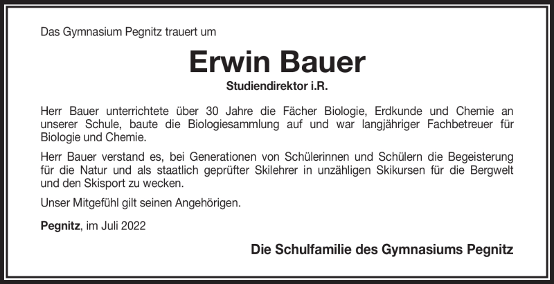  Traueranzeige für Erwin Bauer vom 06.08.2022 aus Nordbayerischer Kurier