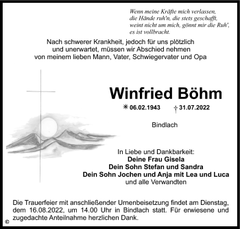 Anzeige von Winfried Böhm von Nordbayerischer Kurier