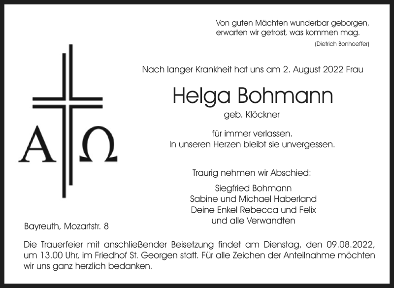  Traueranzeige für Helga Bohmann vom 06.08.2022 aus Nordbayerischer Kurier
