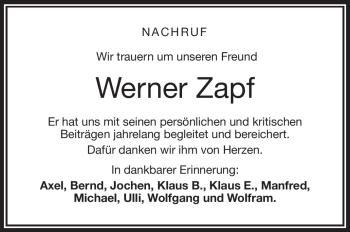 Anzeige von Werner Zapf von Nordbayerischer Kurier