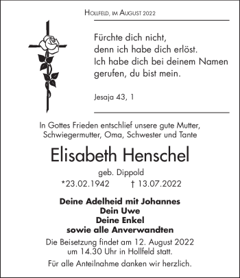 Anzeige von Elisabeth Henschel von Nordbayerischer Kurier