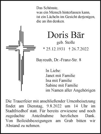 Anzeige von Doris Bär von Nordbayerischer Kurier