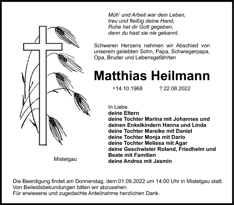  Traueranzeige für Matthias Heilmann vom 27.08.2022 aus Nordbayerischer Kurier