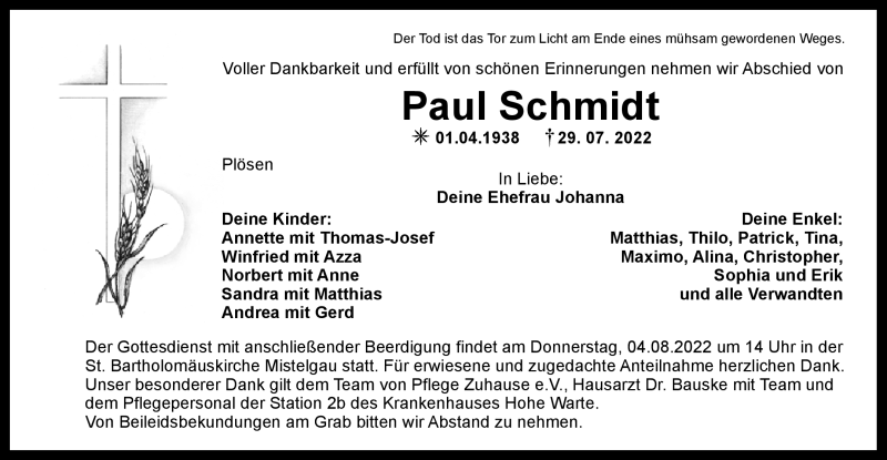  Traueranzeige für Paul Schmidt vom 02.08.2022 aus Nordbayerischer Kurier