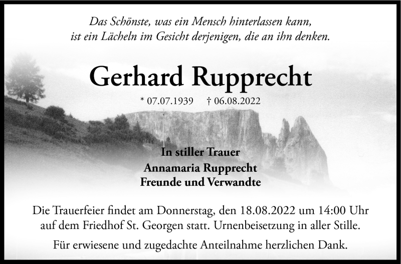 Traueranzeige für Gerhard Rupprecht vom 13.08.2022 aus Nordbayerischer Kurier