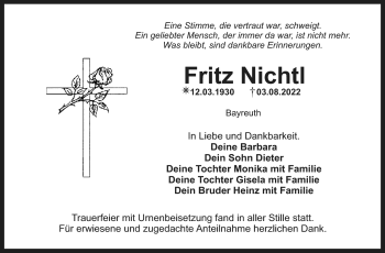 Anzeige von Fritz Nichtl von Nordbayerischer Kurier